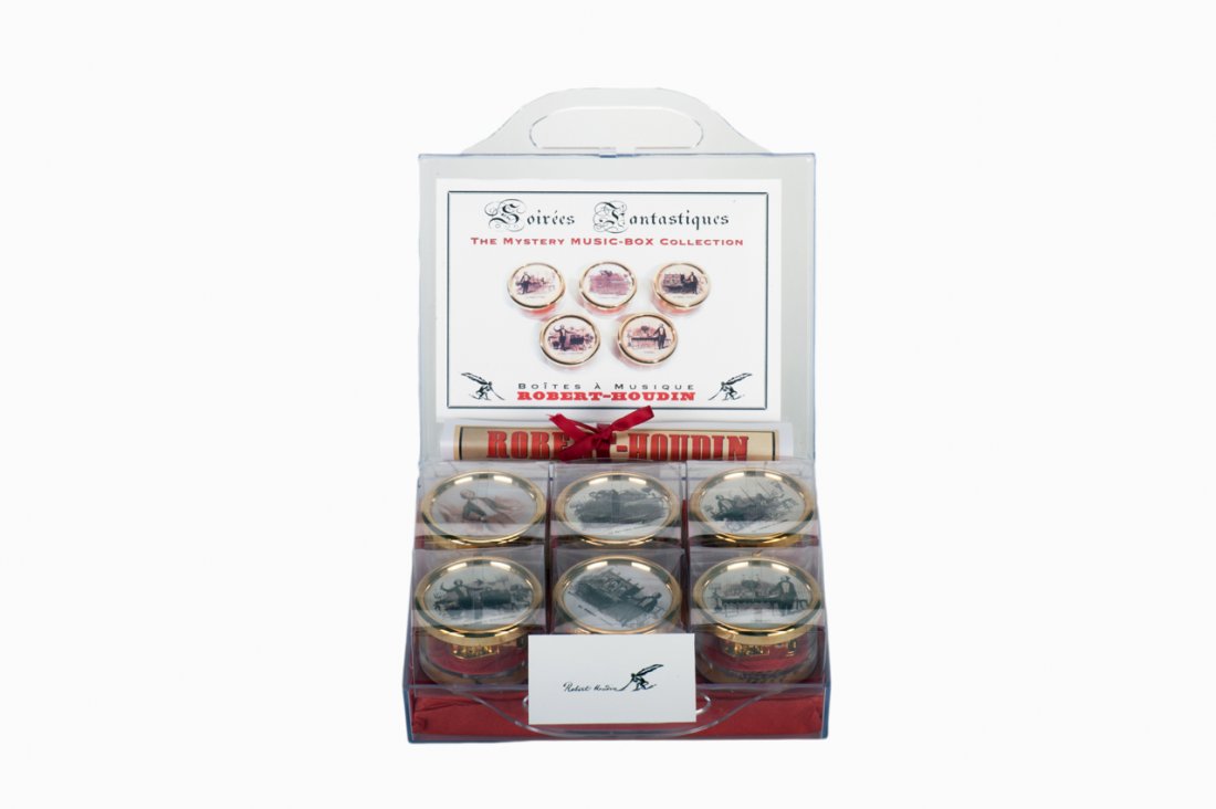 Robert-Houdin Music Box collection.: Robert-Houdin, Jean Eugène. Robert-Houdin Music Box collection. Group of six contemporary custom-made music boxes that play different songs used in the Soirees Fantastiques of Robert-Houdin. In custo