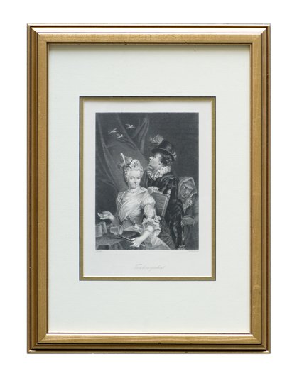Taschenspielen. European ca. 1880. Steel engraving: Taschenspielen. European, ca. 1880. Steel engraving showing a well-dressed lady performing the Cups and Balls while a gentleman and soothsayer look on. 11 ½ x 15 ½”. Framed and glazed; not examine
