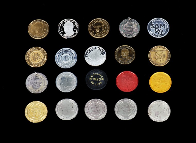 Group of over 20 magic tokens. Silver, bronze: [Tokens] Group of over 20 magic tokens. Including examples struck in bronze (The Magic Circle Centenary, SAM/Jay Marshall Centenary, Le Grand David 30 year anniversary), pure silver (Jay Marshall/SAM 