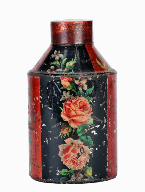 Changing Canister. London, J. Bland [?], ca. 1880.: Changing Canister. London, J. Bland [?], ca. 1880. Toleware canister with floral decal motif that allows the magician to change one item for another, including liquids for dry handkerchiefs. Finish wo