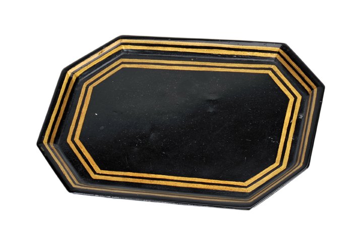 Coin Tray. French [?], ca. 1880.: Coin Tray. French [?], ca. 1880. Metal tray that can secretly add coins to a spectator’s hand. Two gimmicks, both which can be locked with unusual sliding mechanisms. Japanned in black and gilt. 9��