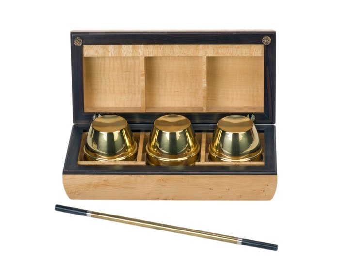 Cups and Balls. California, Joe Porper, ca. 1980.: Cups and Balls. California, Joe Porper, ca. 1980. Set of three turned brass cups and matching brass wand for the traditional cups and balls routine. Housed in a magnificent custom-made burled hardwood