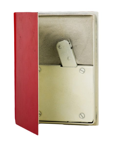 Hot Book. North Hollywood, Merv Taylor, ca. 1956.: Hot Book. North Hollywood, Merv Taylor, ca. 1956. All-metal faux book from which flames leap when its covers are opened. Trigger ignition. Designed by Robert Haskell. 5 ¼ x 7”. Good condition. The