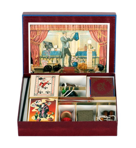 Modern Parlour Conjuring magic set. Germany 1985: [Magic Set] Modern Parlour Conjuring magic set. Germany, ca. 1985. Lovely reproduction of a vintage magic set, including wooden Ball Vase, Awl, Wand, Pillars of Solomon, etc. With original packing box