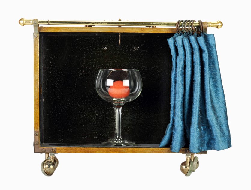 Sefalaljia spirit cabinet. American, ca. 1960.: Sefalaljia cabinet. American, ca. 1960. Miniature spirit cabinet based conceived by Stewart James. A series of unusual animations and happenings take place inside this small hardwood box with metal fi