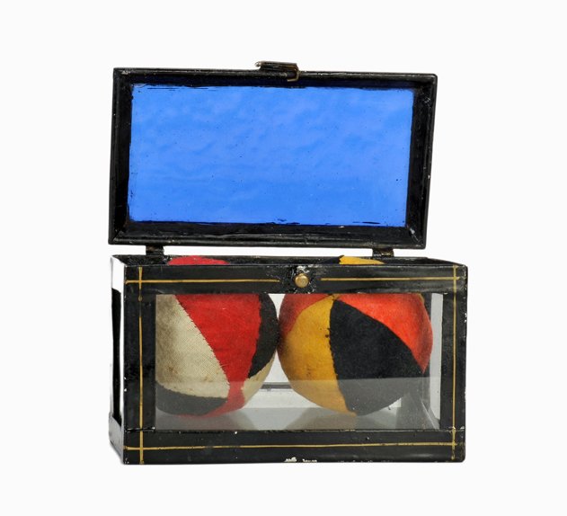 Silk Casket. London, Bland, ca. 1885.: Silk Casket. London, Bland, ca. 1885. A handkerchief or two cloth balls appear inside this glass-sided casket. Black and gilt paint. 5 x 3 x 3 ½”. One pane replaced, hinge of gimmick weak.