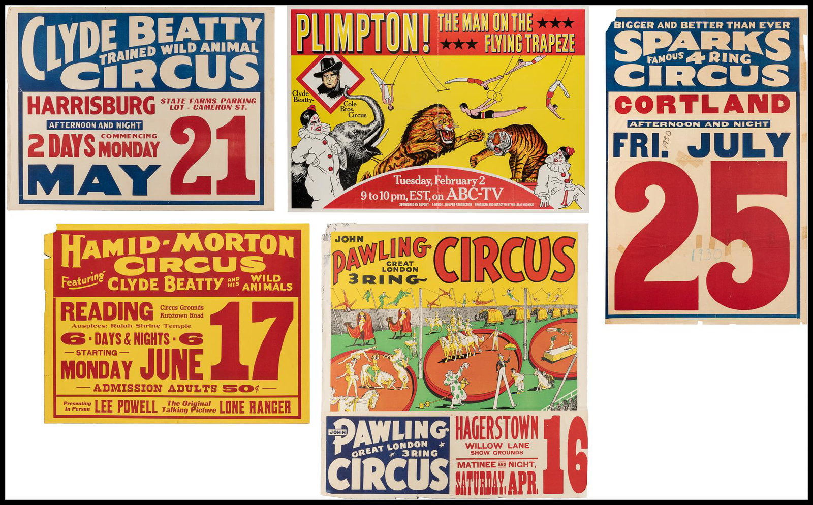 Five Miscellaneous Circus Posters. 1930-60s. Color posters ... (1 of 6)