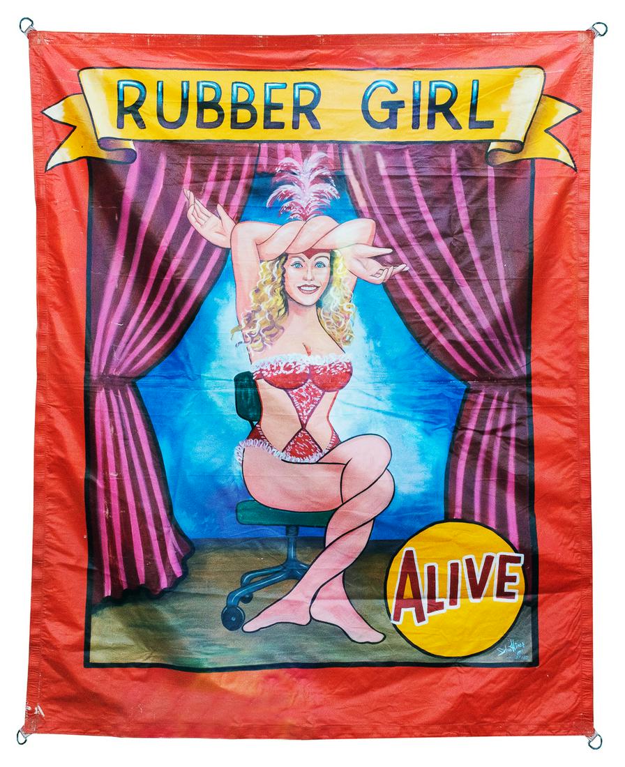 HINER, John. Rubber Girl Alive sideshow banner. 1991. Paint... (1 of 1)