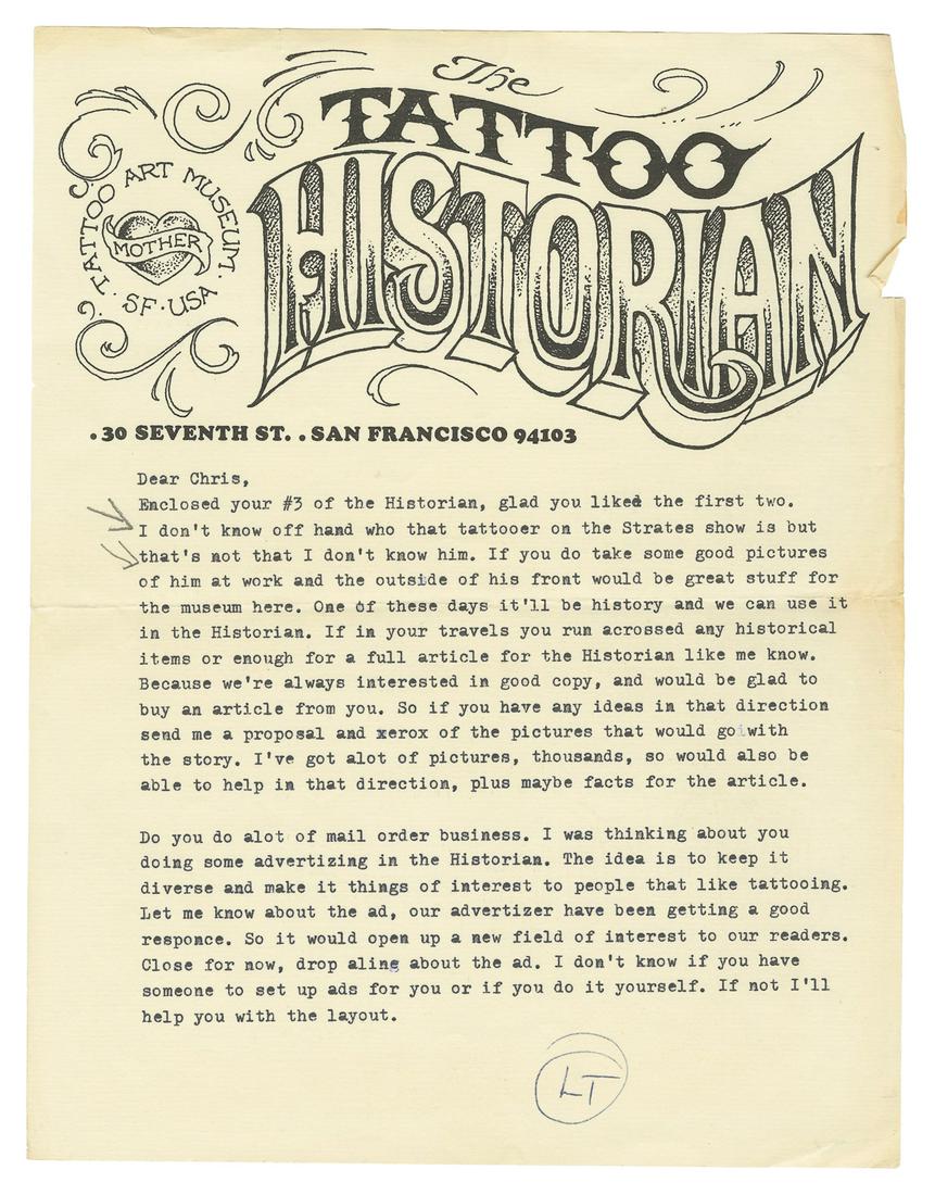 [TATTOO]. TUTTLE, Lyle (1931-2019). Two Signed Letters. San... (1 of 2)