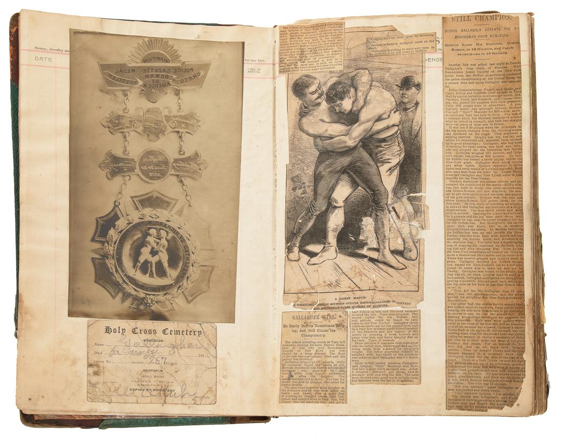 [WRESTLING]. GALLAGHER, Dennis (1864 – 1951?). Scrapbook of...: [WRESTLING]. GALLAGHER, Dennis (1864 – 1951?). Scrapbook of wrestling ephemera from the career of Denny Gallagher, “Champion mixed wrestler of the World.” V.p., ca. 1880s–1900s