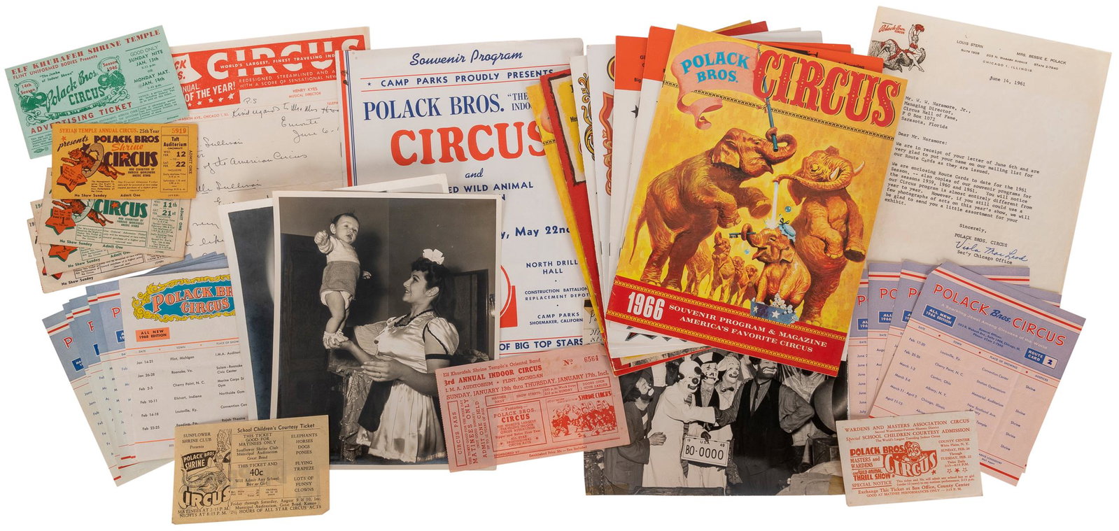 Polack Bros. Circus. File of ephemera and photographs. V.d....: Polack Bros. Circus. File of ephemera and photographs. V.d. (ca. 1950s/70s). Thick file of Polack Bros. ephemera including tickets, route cards, souvenir programs, and a few photographs. Approximately