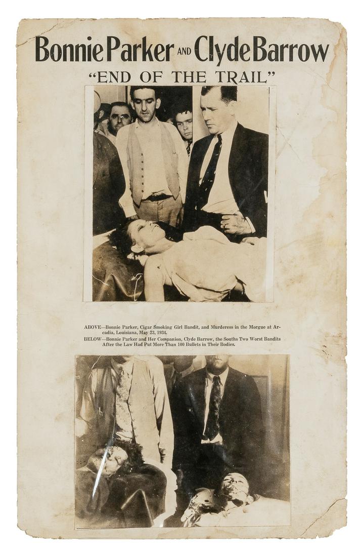 [BONNIE AND CLYDE]. Bonnie Parker and Clyde Barrow “End of ...: [BONNIE AND CLYDE]. Bonnie Parker and Clyde Barrow “End of the Trail”. [N.p., 1934]. Poster-sized lobby card with two black and white photographs affixed to the poster. Photographs depict