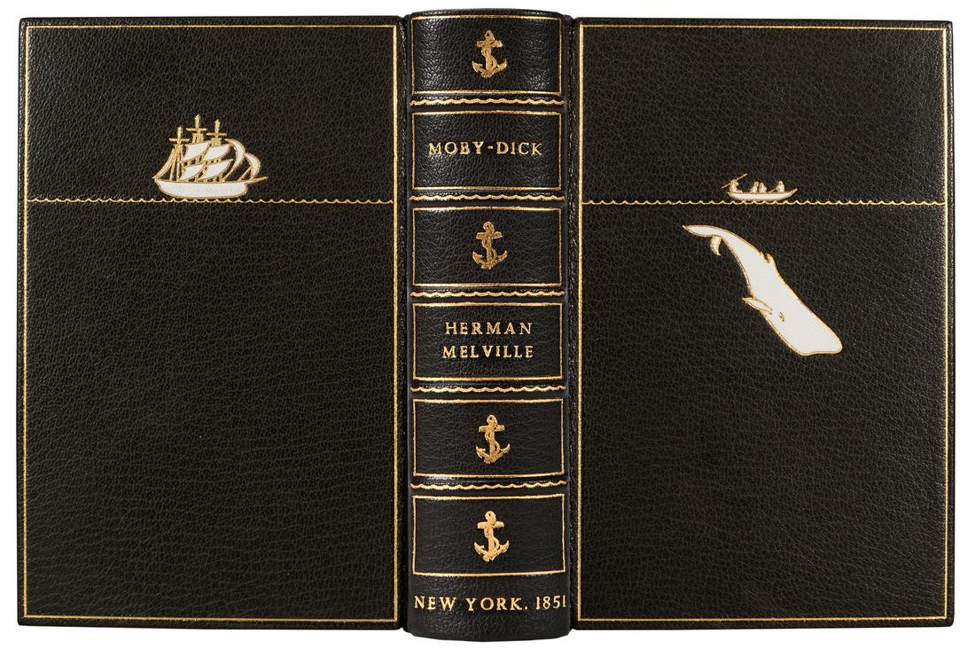 MELVILLE, Herman (1819-1891). Moby-Dick; or, The Whale. New...: MELVILLE, Herman (1819-1891). Moby-Dick; or, The Whale. New York: Harper & Brothers, 1851. 8vo (175 x 114 mm). Full crushed brown morocco gilt, the covers depict a whale hunting scene in white morocco