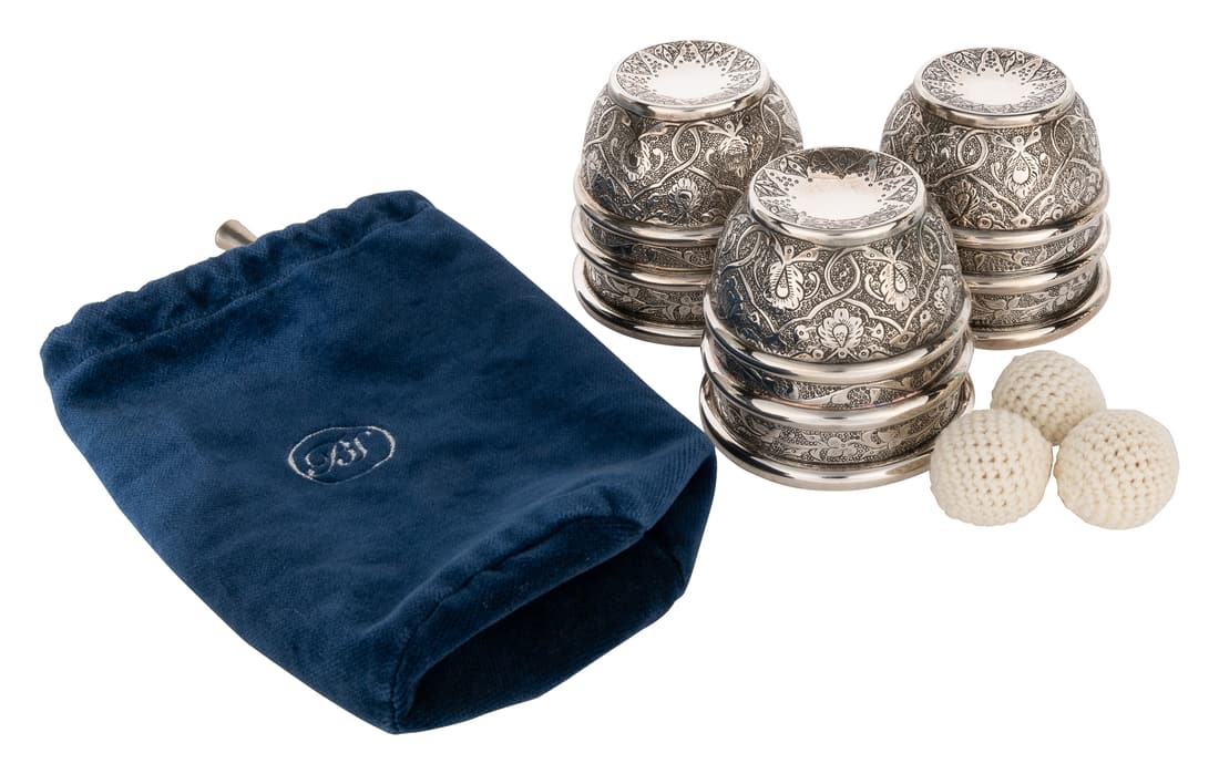 Engraved Sherwood Cups. England: Brett Sherwood Magic, ca. ...: Engraved Sherwood Cups. England: Brett Sherwood Magic, ca. 2000. Set of three sterling silver cups modeled on the design favored and used by Dai Vernon. Each cup elaborately and carefully engraved. Ha