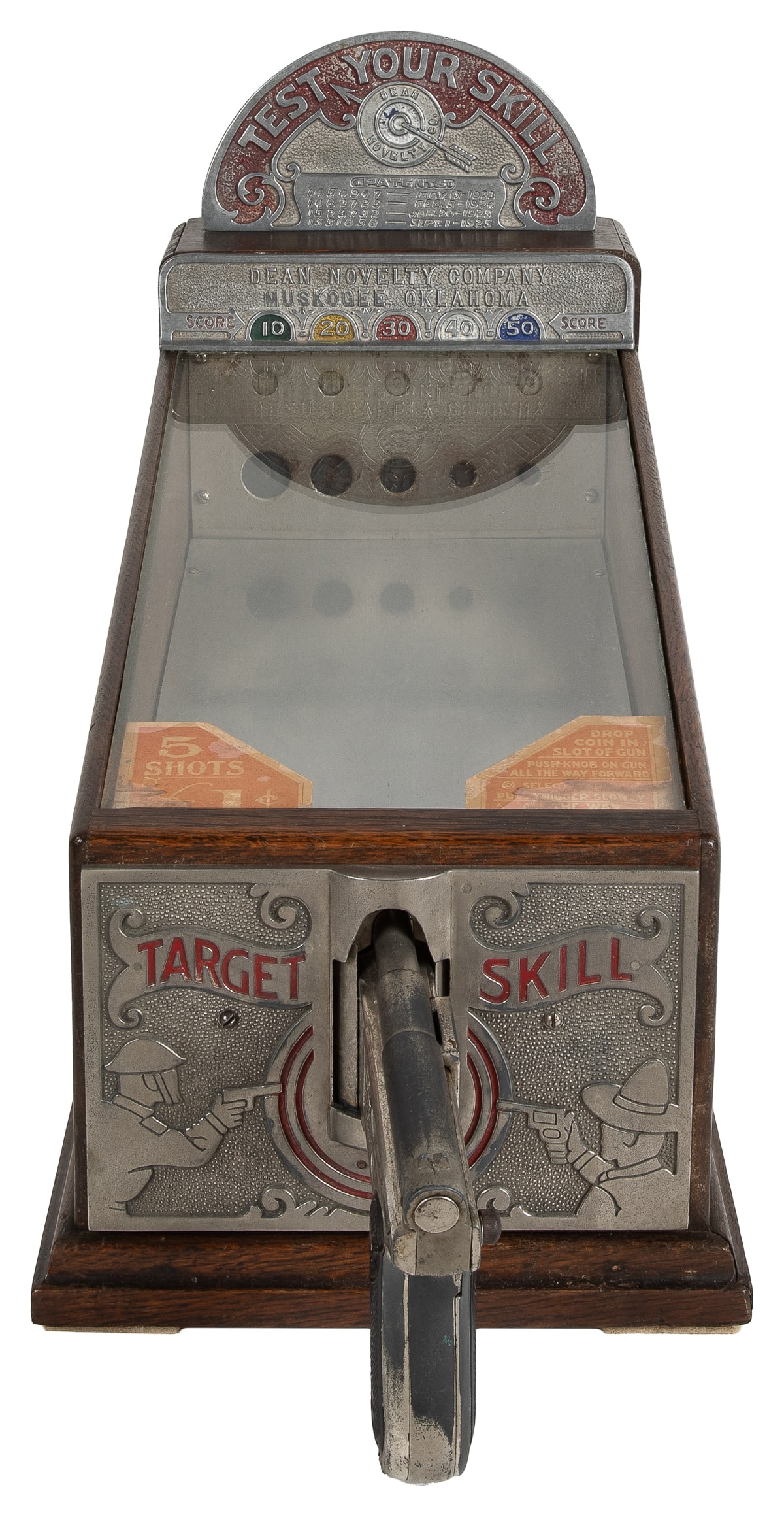 Dean 1 Cent Target Skill Game. Muskogee, OK: Dean Novelty C...: Dean 1 Cent Target Skill Game. Muskogee, OK: Dean Novelty Company, ca. 1920s. Countertop target game with gun which fires five small balls at various targets. Wooden cabinet, cast iron gun, marquee, a