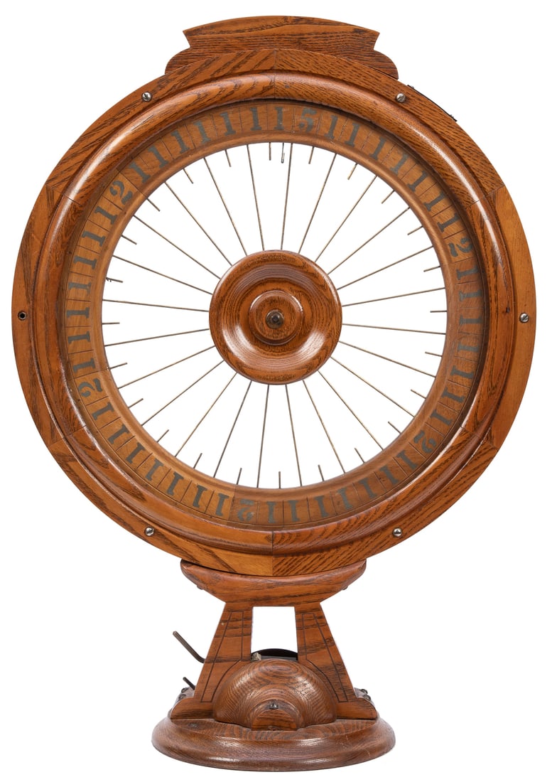 Decatur 1 Cent Fairest Wheel Cigar Trade Stimulator. Decatu...: Decatur 1 Cent Fairest Wheel Cigar Trade Stimulator. Decatur: Decatur Fairest Wheel Works, ca. 1895. Gravity-driven spinning wheel with numbers in wooden case, windows on both sides. With coin receivi