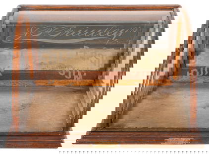 J.P. Primley’s Gold Box Pepsin Gum Display Case. Curved gla...: J.P. Primley’s Gold Box Pepsin Gum Display Case. Curved glass oak countertop case with mirrored and hinged back door, and frosted lettering. Mounted manufacturer’s plaque of J. R. Iswig, 2