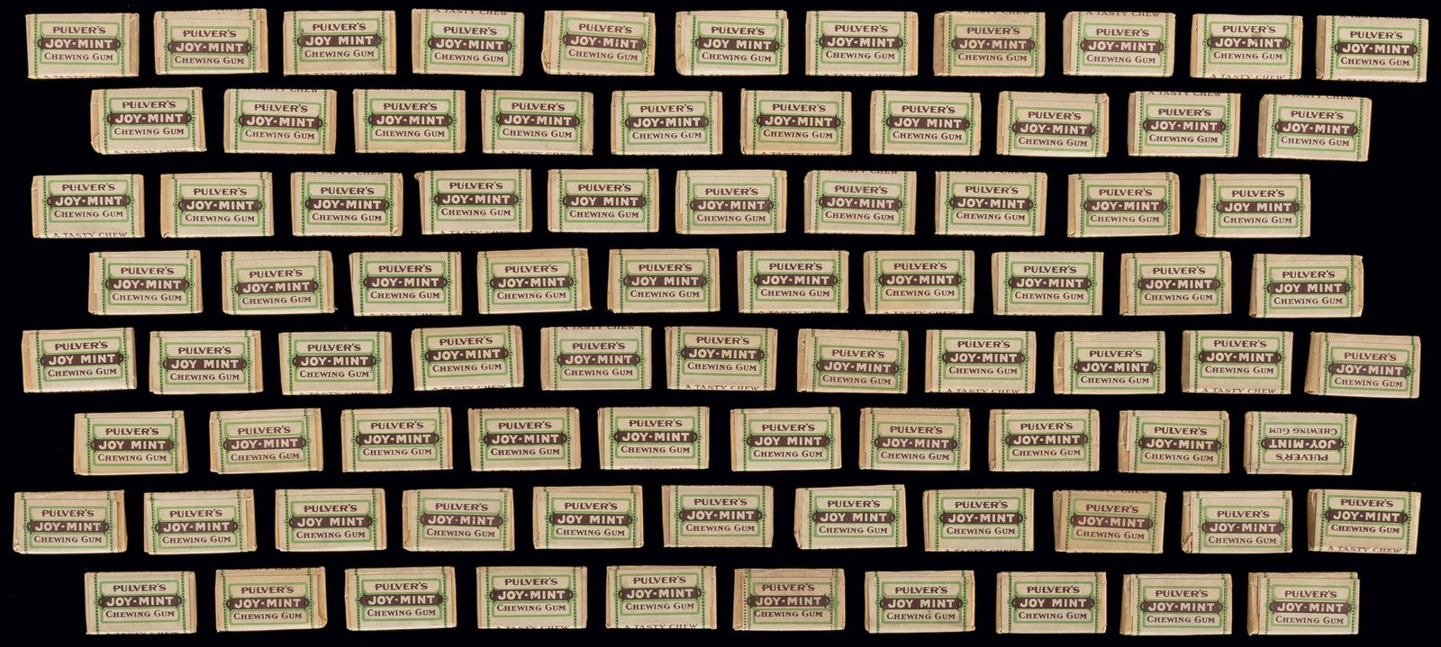 Pulver’s Joy Mint Chewing Gum Lot. Over 80 Sticks. Circa 19...: Pulver’s Joy Mint Chewing Gum Lot. Over 80 Sticks. Circa 1920s. Lot of over 80 (approximately 85) single pieces of Joy Mint flavor gum with original wrappers. Overall, near fine (a few wrappers