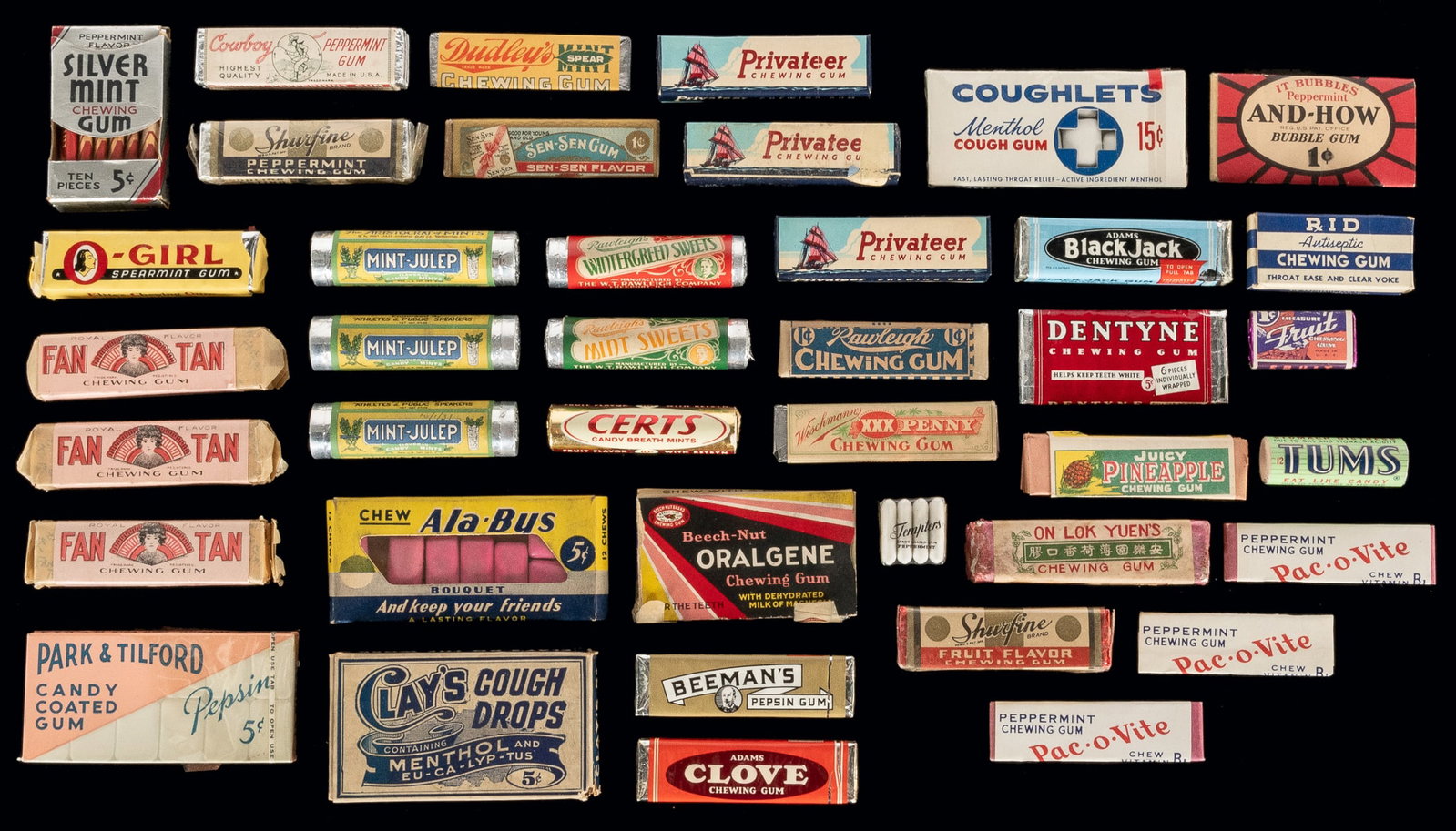 Collection of Early Chewing Gum and Cough Drops in Original...: Collection of Early Chewing Gum and Cough Drops in Original Wrappers. Approximately 40 pieces, bulk early 20th century, of early chewing gum sticks, rolls, and tablets, plus “cough gum” an