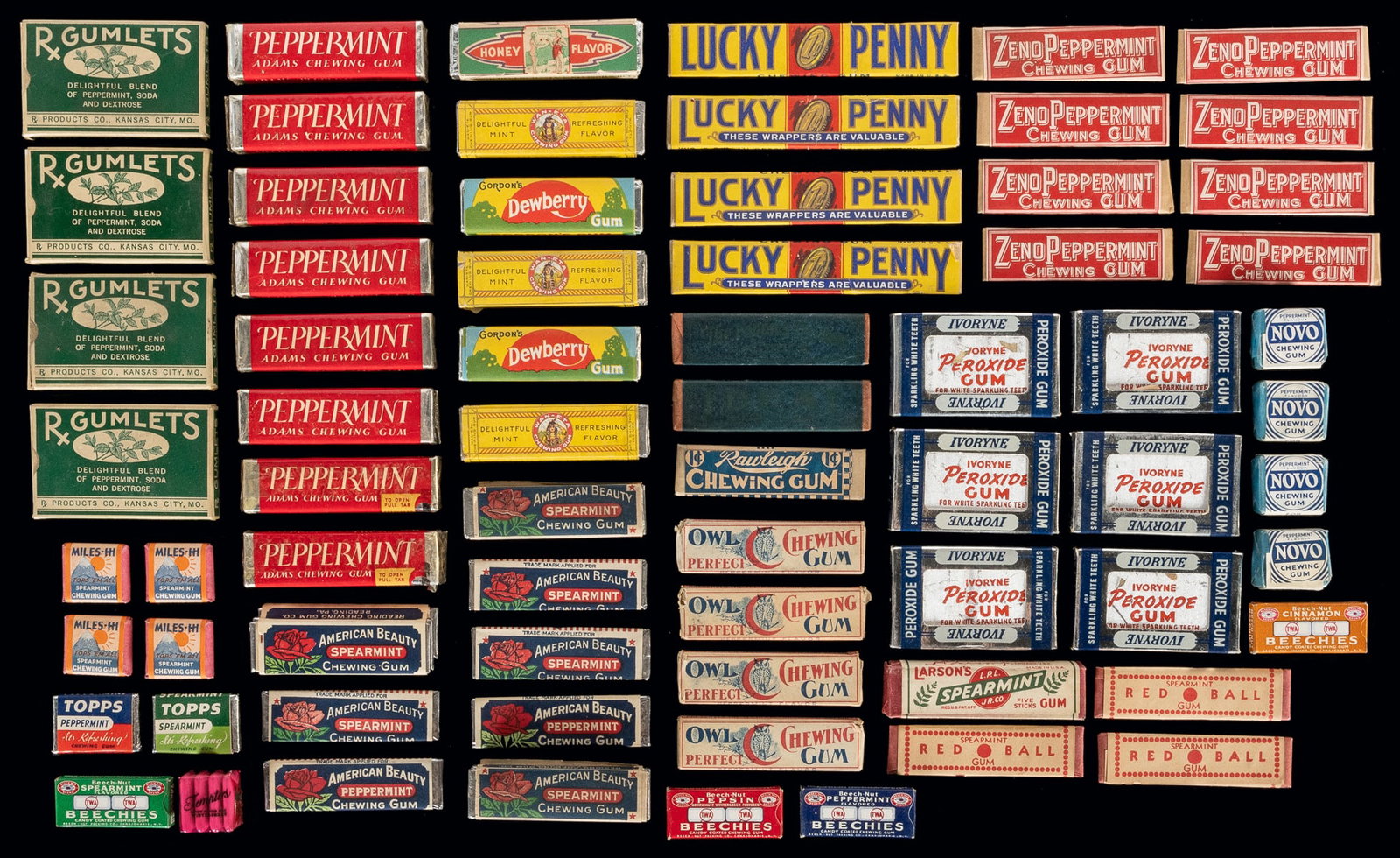 Assortment of Obsolete American Chewing Gum. Early to mid-2...: Assortment of Obsolete American Chewing Gum. Early to mid-20th century. Approximately 75 packs of chewing gum, including single and multi-stick and tablet packs, including: Gordon’s Dewberry, Ad