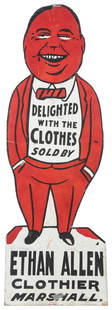 Delighted with the Clothes Sold by Ethan Allen Clothier Mar...: Delighted with the Clothes Sold by Ethan Allen Clothier Marshall. Circa early 20th century. Die-cut painted tin trade sign with a happy man in a suit. 11 ½ x 35 ¾”. Some wear, soiling,