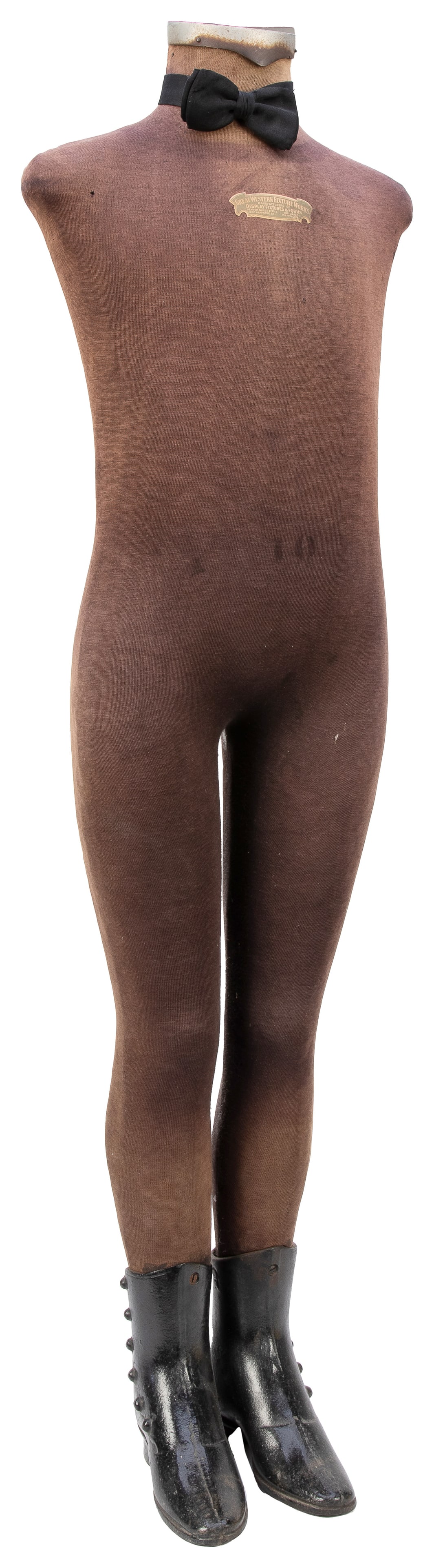 Great Western Fixture Works Mannequin. Chicago: Great Weste...: Great Western Fixture Works Mannequin. Chicago: Great Western Fixture Works, ca. 1890s-1910s. Cloth-covered child-sized mannequin with aluminum cap at top and with cast iron boots. Manufacturer’