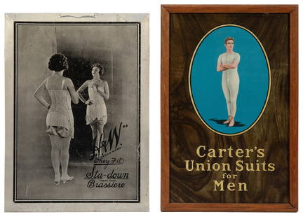 Group of Two Lithograph Tin Signs for Undergarments. Includ...: Group of Two Lithograph Tin Signs for Undergarments. Including: Carter&#8217;s Union Suits for Men. Circa 1880s-1910s. Framed. Sight 10 &#190; x 6 &#190;&#8221;. Frame size 11 &#188; x 7 &#188;&#8221;