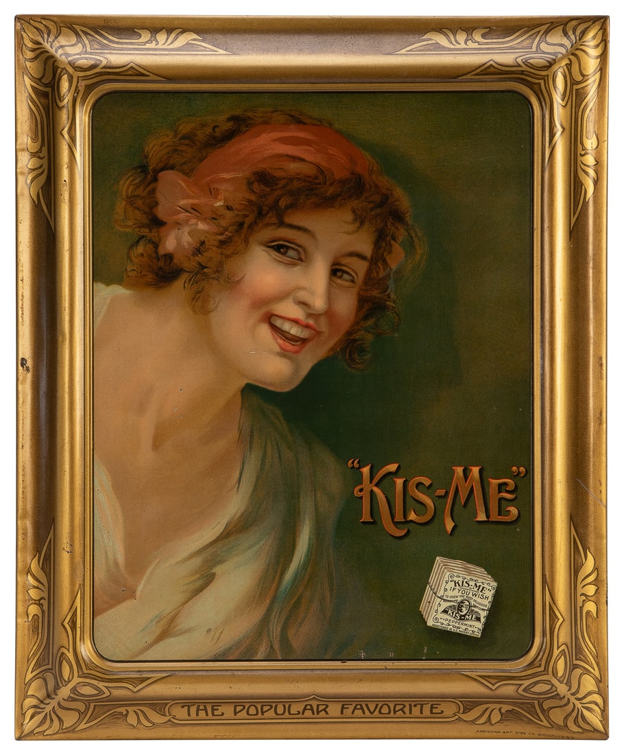 “Kis-Me” Peppermint Gum Embossed Lithograph Tin Sign. Brook... (1 of 1)