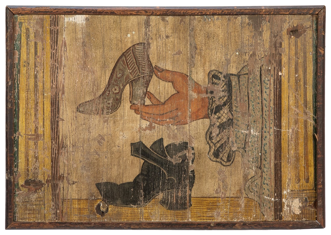 Painted Shoe-Maker’s Sign. Circa 19th century. Hand-painted...: Painted Shoe-Maker’s Sign. Circa 19th century. Hand-painted shoe-maker’s sign depicting a hand holding a shoe, and another shoe lying on a surface. In vintage frame (though later than the 