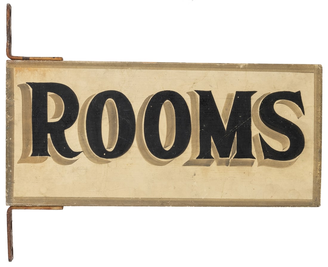 “Rooms” Painted Wooden Flange Sign. [N.d.]. Small rooming-h... (1 of 2)