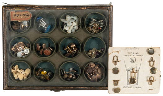 Antique Cufflink Dime Store Display. Early 20th century. Ap...: Antique Cufflink Dime Store Display. Early 20th century. Approximately 80 cufflinks stored in a wooden case, probably from a general store. Enclosed in a green, felted interior. With a small label adv