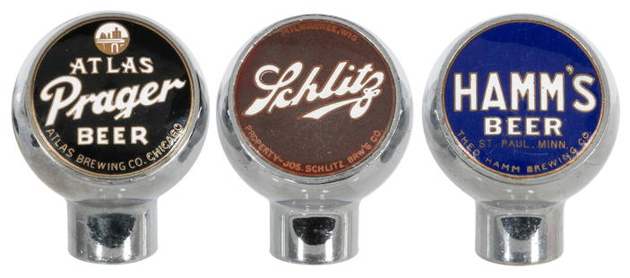 Group of 3 Chrome Beer Tap Knobs. Circa 1940s. Three chrome...: Group of 3 Chrome Beer Tap Knobs. Circa 1940s. Three chrome ball tab beer knobs with enamel faces, including: Atlas Prager (Atlas Brewing Co., Chicago); Schlitz (Jos. Schlitz, Milwaukee); and HammR