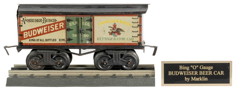 Bing Anheuser-Busch Budweiser Refrigerator Beer Car. Lithog...: Bing Anheuser-Busch Budweiser Refrigerator Beer Car. Lithographed tin, O gauge, advertising box car for the &#8220;King of All Bottled Beers.&#8221; With side loading doors. Length 6 &#189;&#8221;. Mo