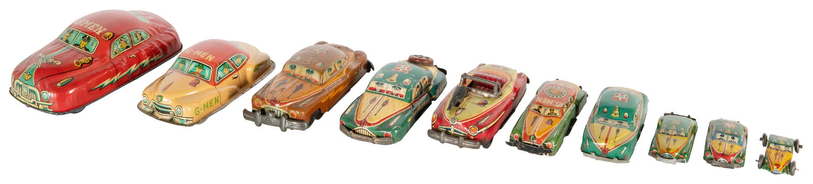 Group of Ten Lithographed Tin “G-Men” Cars, Five of Which A... (1 of 2)
