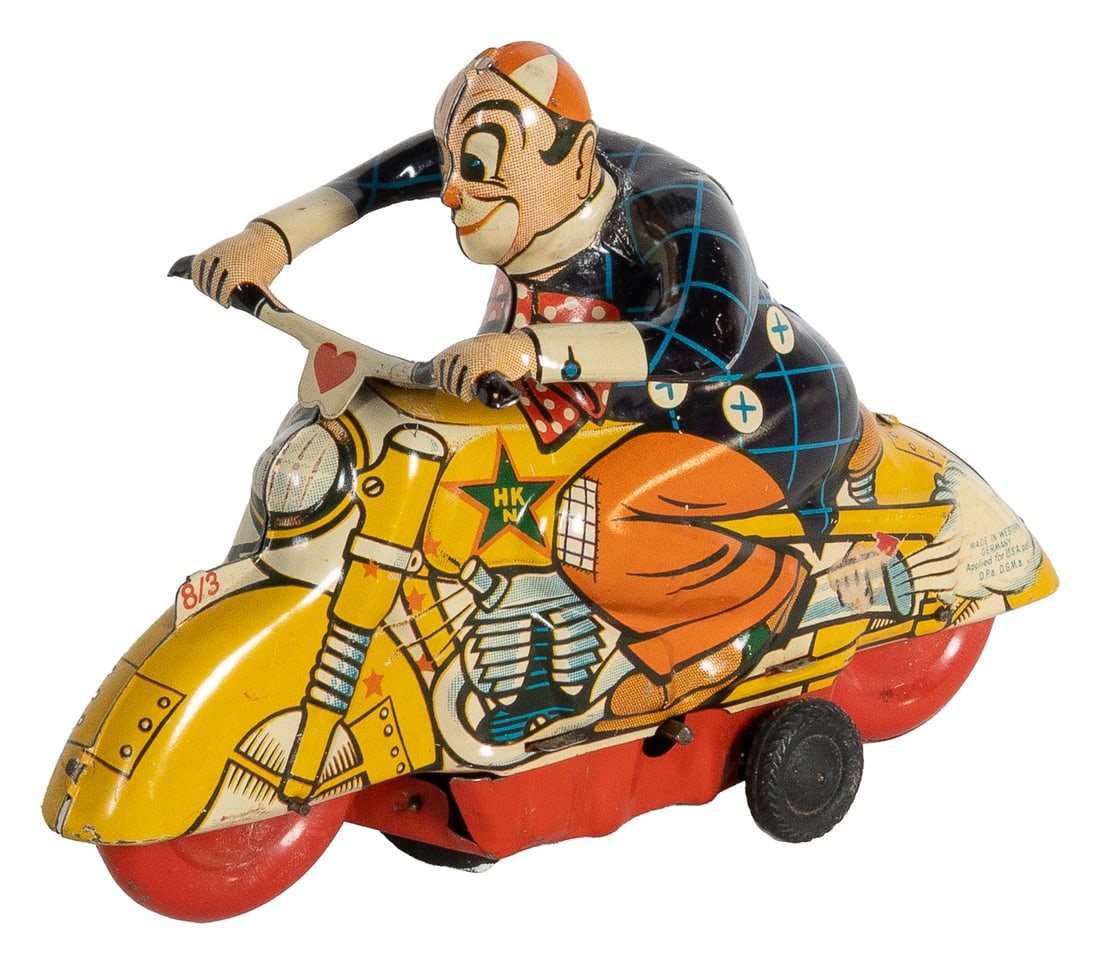 Huki “Johnny” Magic Clown Wind-Up Motorcycle. Western Germa... (1 of 2)
