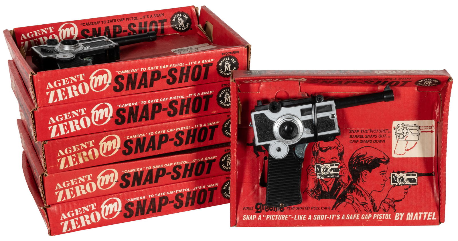 Group of 6 Agent Zero M Snap-Shot Cap Guns. Hawthorne, CA: Mat...: Group of 6 Agent Zero M Snap-Shot Cap Guns. Hawthorne, CA: Mattel Inc., 1964. Six toy cap guns disguised as cameras. Press the shutter-release level and the camera turns into a pistol. All in original
