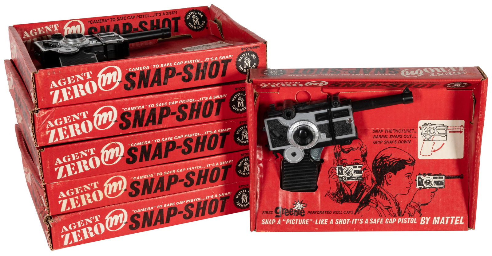 Group of Six Agent Zero M Snap-Shot Cap Guns. Hawthorne, CA: M...: Group of Six Agent Zero M Snap-Shot Cap Guns. Hawthorne, CA: Mattel Inc., 1964. Six toy cap guns disguised as cameras. Press the shutter-release level and the camera turns into a pistol. All in origin