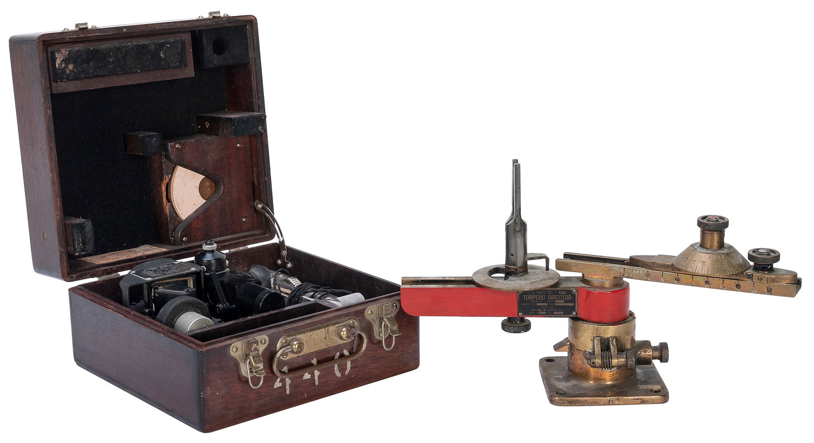 Group of 4 WWII-era Navigation or Targeting Instruments. In...: Group of 4 WWII-era Navigation or Targeting Instruments. Including: U. S. Navy Torpedo Director. New York: Bristol & Martin, [ca. 1940s]. Mark 31 brass torpedo director with swiveling arm. Possibly us