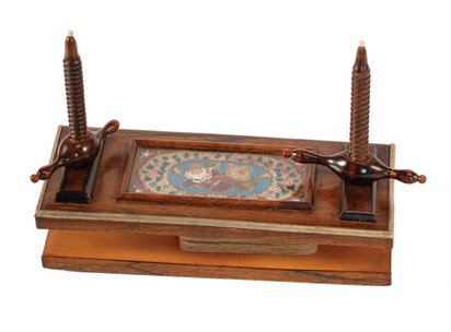 Wooden Card Press. Likely European, ca. 1890. Nice: Wooden Card Press. Likely European, ca. 1890. Nicely turned with beadwork under glass top & two tiny ivory balls on top of posts. Old English pack of cards included. One small ball missing on end of o