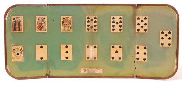 Folding Faro Layout. H.C. Evans & Co., ca. 1890: Folding Faro Layout. H.C. Evans & Co., Chicago, IL., ca. 1890. Cloth has a few moth holes and cards have darkened with age. Suit of spades. 40 x 17” (open). G.