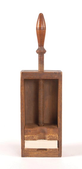 Wooden Faro Card Press. Maker unknown, ca. 1890.: Wooden Faro Card Press. Maker unknown, ca. 1890. Used to press packs of cards to keep moisture from warping them. 16 x 5 x 3”. VG.