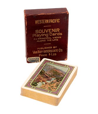 Western Pacific Railroad souvenir playing cards.: Western Pacific Railroad souvenir playing cards. Van Noy Interstate Co., 1915. Every card has a different view along the route. Complete, Exc.