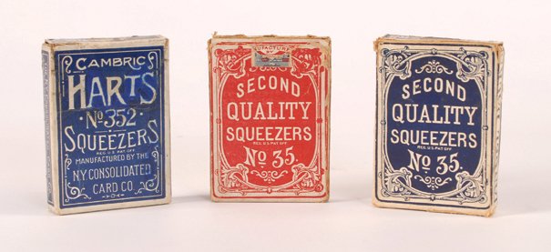 Three Harts Squeezers 2 #35 & 1 #352 playing cards: Three Harts Squeezers 2 #35 & 1 #352 playing cards. New York Consolidated Card Co., ca. 1900. All are complete with “Best Bower” joker. VG/EXC.
