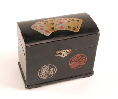Lacquered playing card box. Maker unknown ca. 1930: Lacquered playing card box. Maker unknown, ca. 1930. Holds two decks of cards. VG.