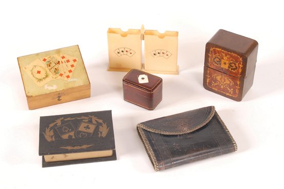 Six Playing Card Holders. Various manufacturers.: Six Playing Card Holders. Various manufacturers and countries, ca. 1900 - ?. Two wood, one plastic, three leather. Three with cards. Three damaged.