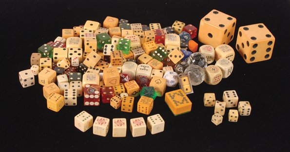 Box lot of dice. Poker, oversize, miniature, etc.: Box lot of dice. Makers unknown. Poker dice, oversize dice, miniature dice and many more. Sizes and colors vary. Exc.