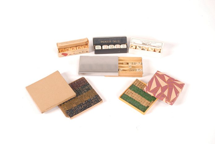 Six Boxes of dice and porcelain dice ashtray.: Six Boxes of dice and porcelain dice ashtray. Various makers. Ca. 1900 – 1980. Three boxes of poker dice, two boxes of miniature dice and one box (6 pair) of small bone dice. Exc.