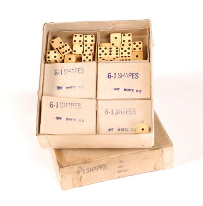 Gaffed Dice. 6-1 Shapes. Maker unknown, ca. 1940. : Gaffed Dice. 6-1 Shapes. Maker unknown, ca. 1940. 36 pair, in the original box. Box bears original stamp of manufacturer, stating: “6-1 shapes ½ white R.C.”. Exc. Uncommon in this unused/unopened