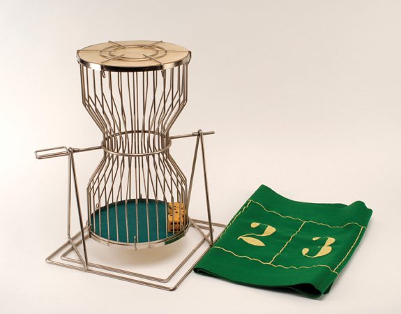 Chuck-a-Luck Cage and green felt layout. ca. 1920.: Chuck-a-Luck Cage and green felt layout. Maker unknown, ca. 1920. 18 ¾ x 12”. VG.