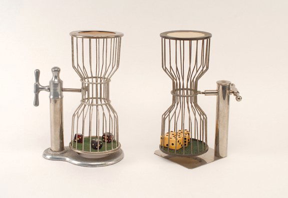 Two Chuck-a-Luck Cages with dice. American, 1930: Two Chuck-a-Luck Cages with dice. American, ca. 1930. Made for home use. Each measuring 12 x 7”. VG.